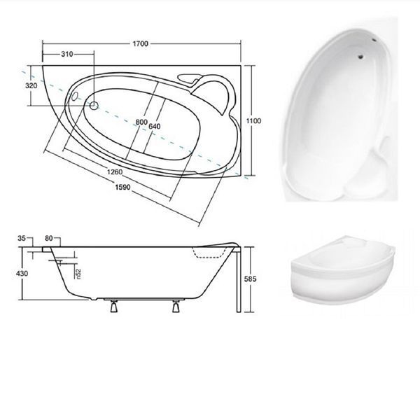 Ванна акриловая асимметричная Wenus 170x110 R с ногами и панелью ( А0051013 ) А0051013 фото