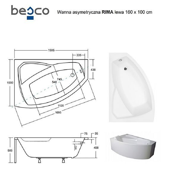 Ванна акриловая асимметричная Rima 160x100 L ( А0051003 ) А0051003 фото
