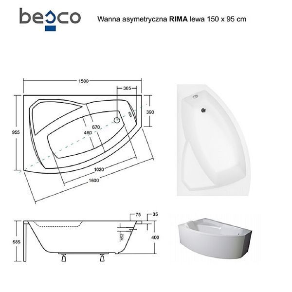 Ванна акрилова асиметрична Rima 150x95 L ( А0051001 ) А0051001 фото