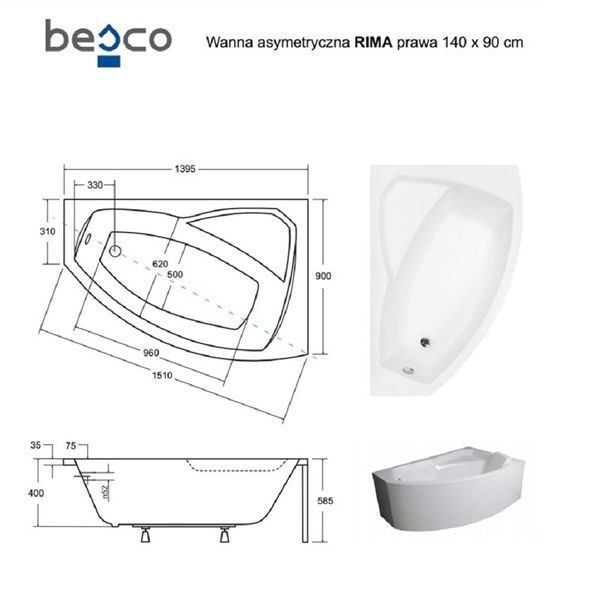 Ванна акриловая асимметричная Rima 140x90 R ( А0051000 ) А0051000 фото