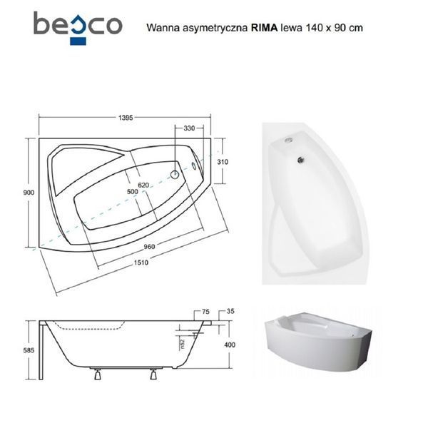 Ванна акриловая асимметричная Rima 140x90 L ( А0050999 ) А0050999 фото