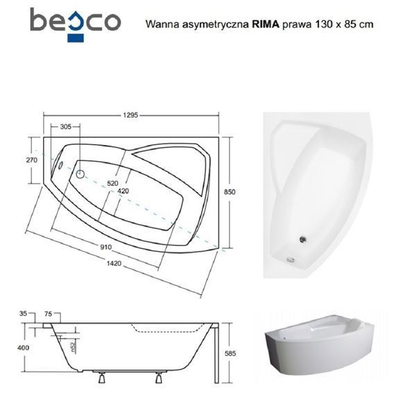 Ванна акриловая асимметричная Rima 130x85 R ( А0050998 ) А0050998 фото