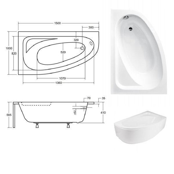 Ванна акриловая асимметричная Cornea 150x100 L с ногами и панелью ( А0050979 ) А0050979 фото